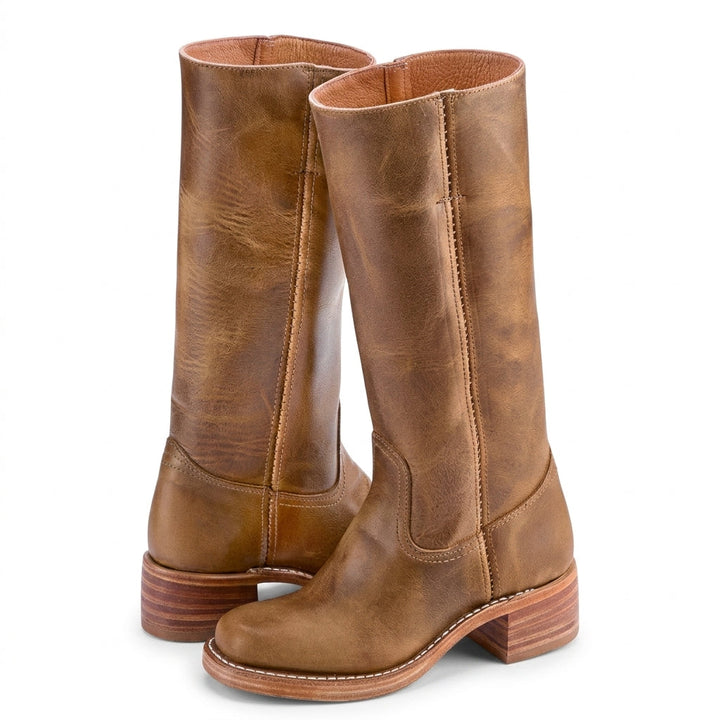 Side view of seamed vamp, stacked block heel and stitched sole, tan