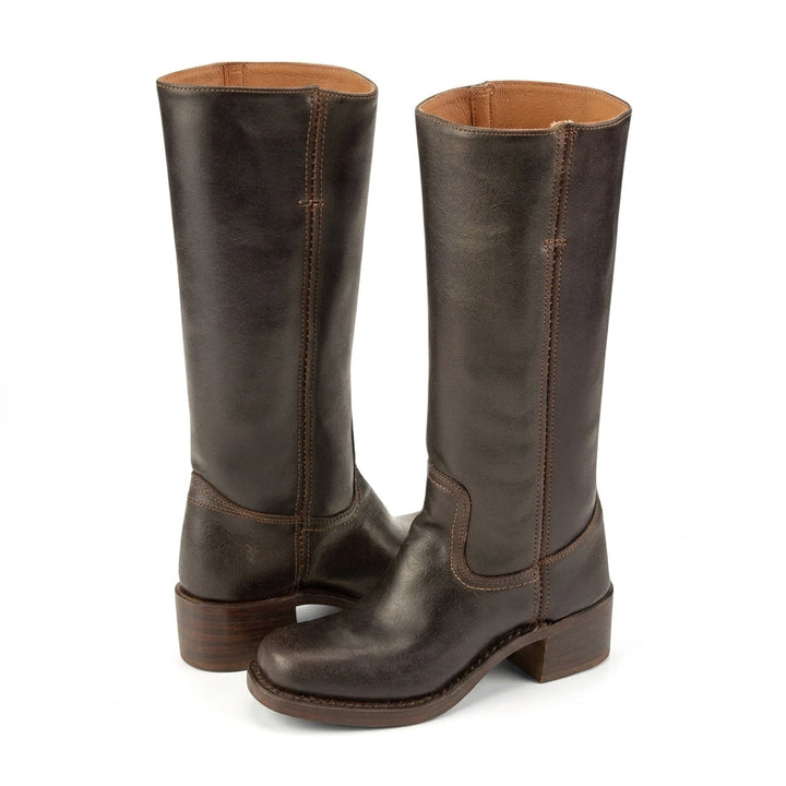 Front view of rounded toe, seamed vamp and block heel, dark brown