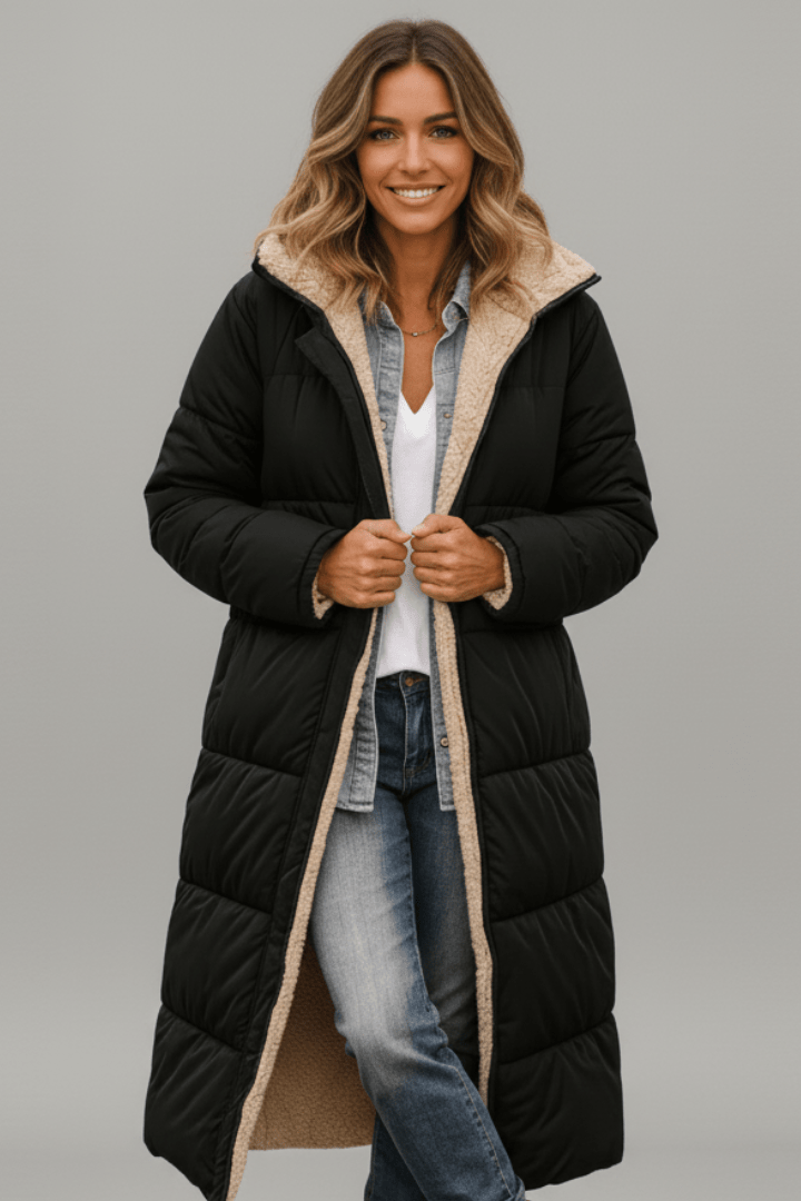 Front view showing hood, stand collar, open front and side pockets, black