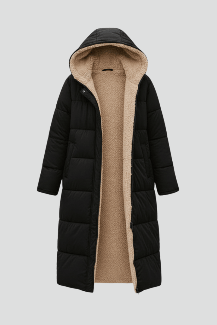 Flat lay view of the puffer coat