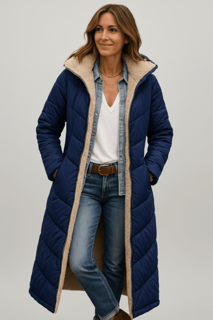 Front view showing stand collar, contrast front edges and side pockets, navy blue