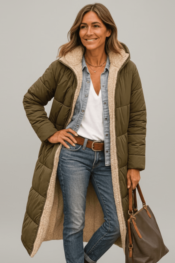 Front view showing hood, contrast front edges and long sleeves, army green