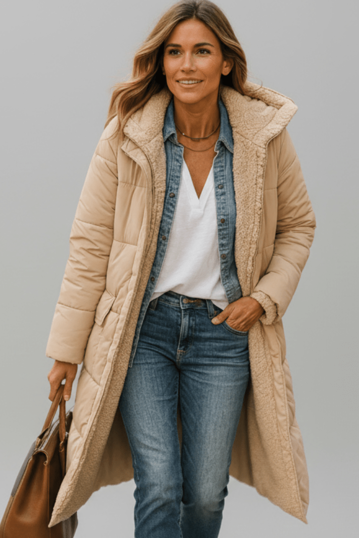 Front view of the puffer coat, beige