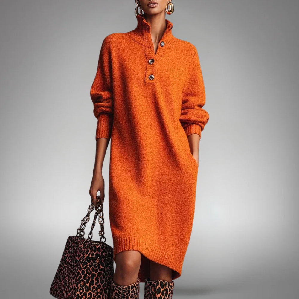 Front view showing stand collar, button placket, long sleeves and knee-length hem, orange