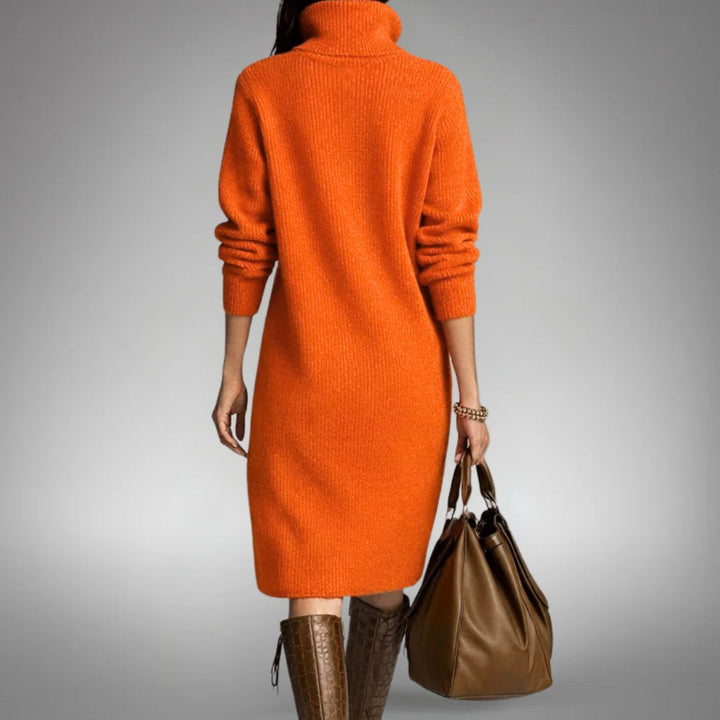Back view showing stand collar, long sleeves and knee-length hem