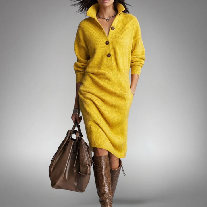 Front view showing stand collar, button placket, long sleeves and side pocket, yellow