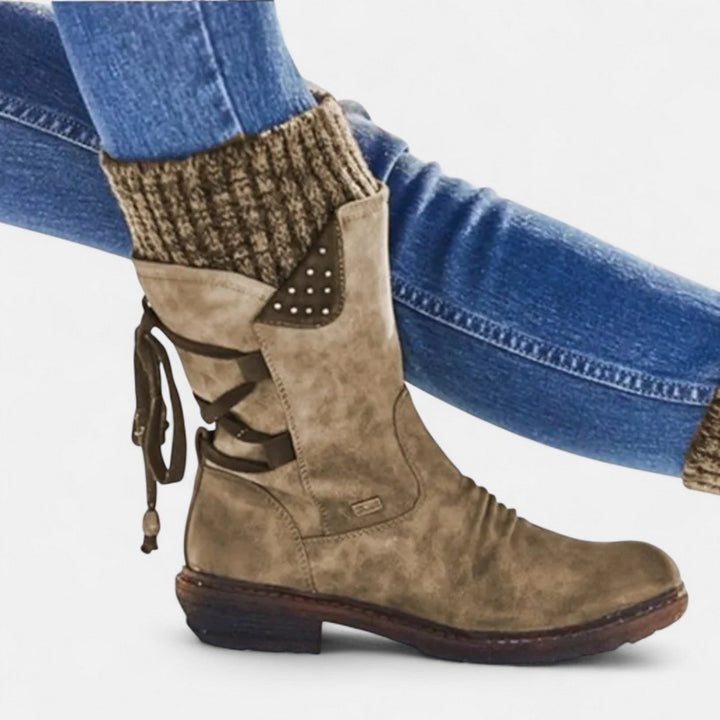 Side view showing ribbed cuff, lace-up back and traction sole, khaki