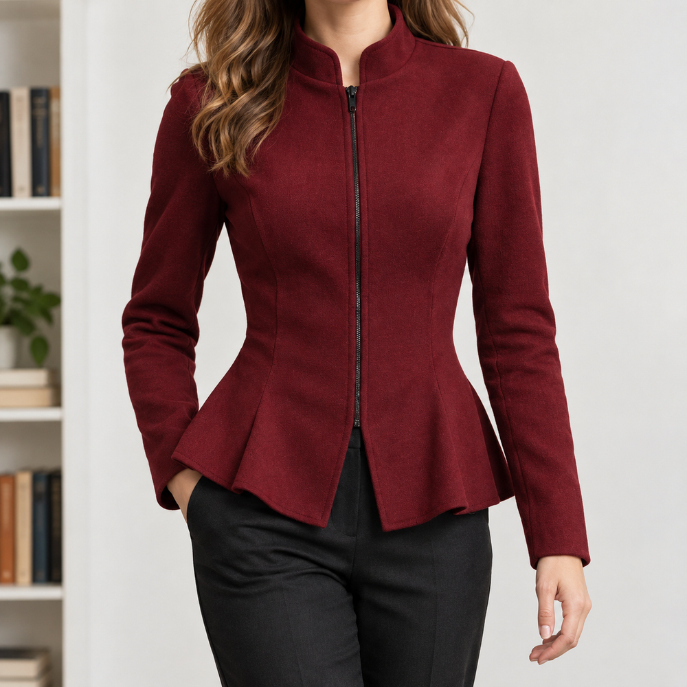 Front view showing stand collar, full front zip and flared peplum, wine red