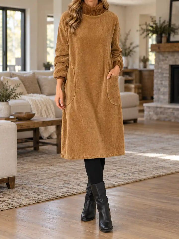 A woman wearing a camel brown corduroy turtleneck sweater dress with large front patch pockets, styled with black leggings and black ankle boots in a cozy living room setting.