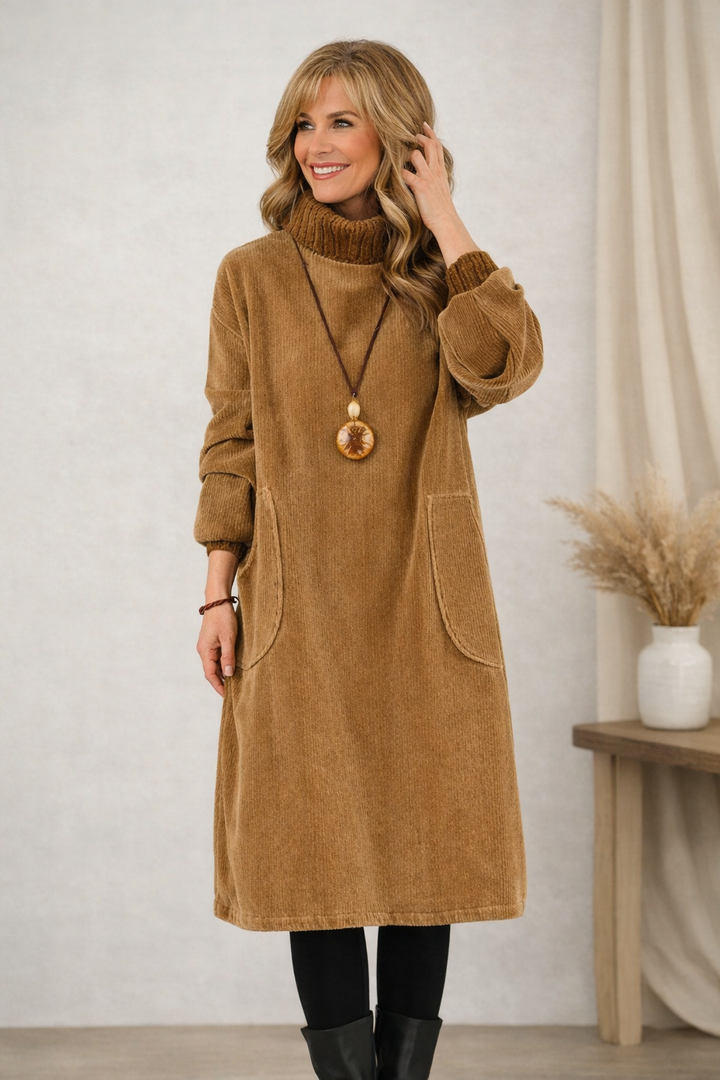 Front view showing turtleneck, long sleeves, banded cuffs and patch pockets, brown