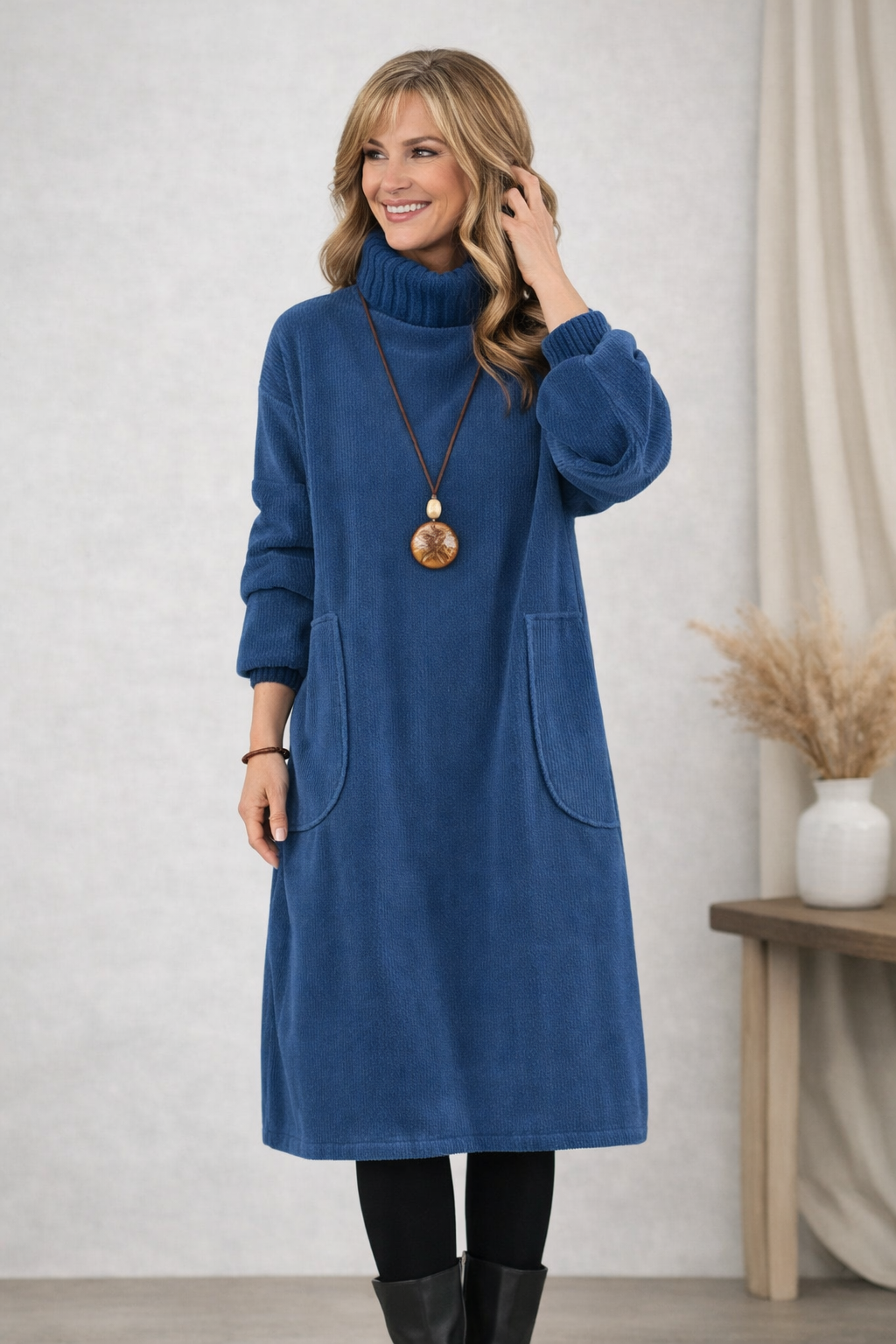 Front view showing turtleneck, long sleeves and patch pockets, blue