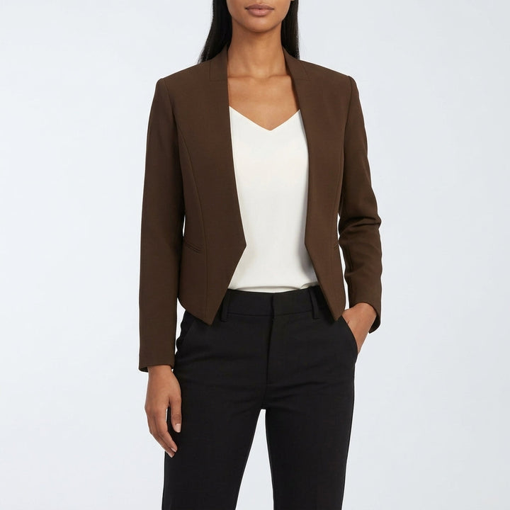Front view of collarless open front with angled lapels, brown