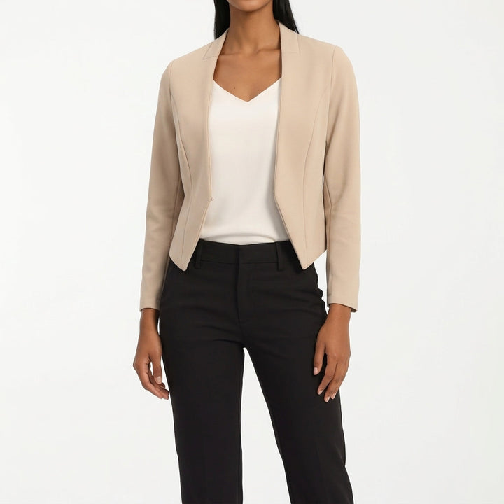 Front view of open front and long sleeves, beige