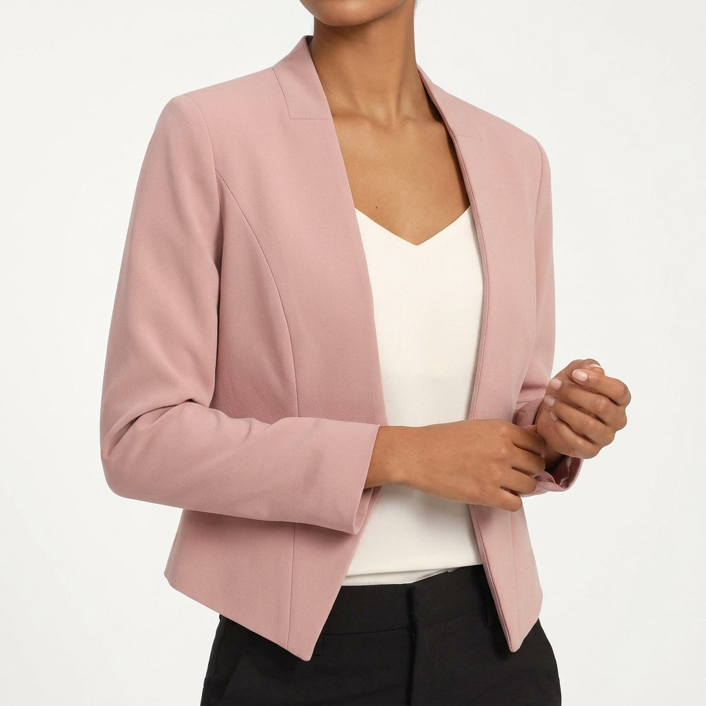 Front view of collarless open front and lapels, pink blush