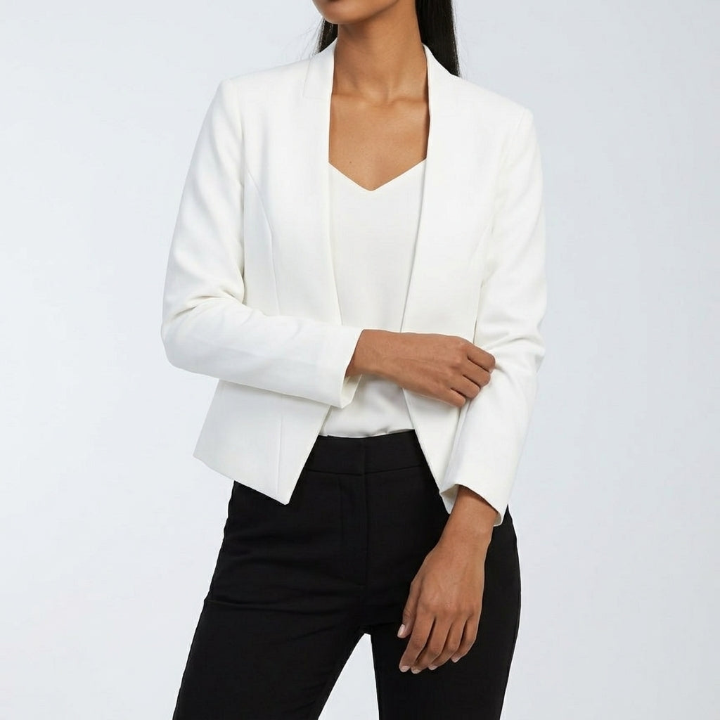Front view of open front and long sleeves, white