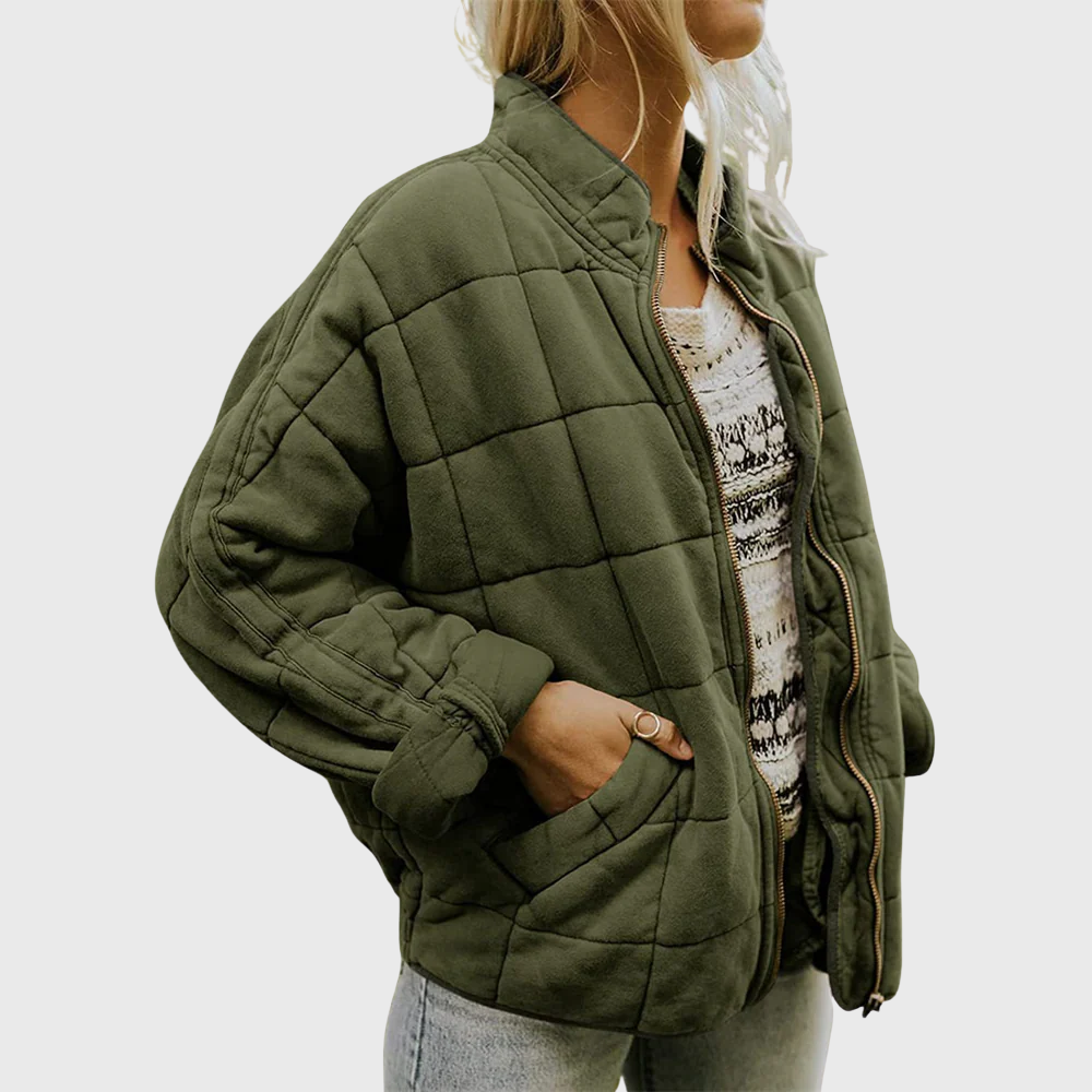 Front view showing stand collar, zip front and side pocket, green