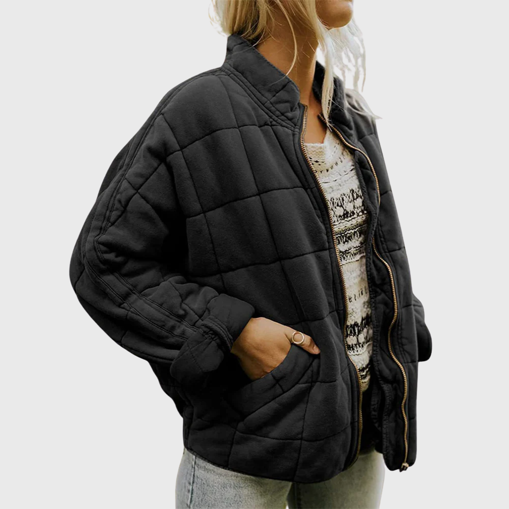 Front view showing stand collar, zip front and quilted body, black